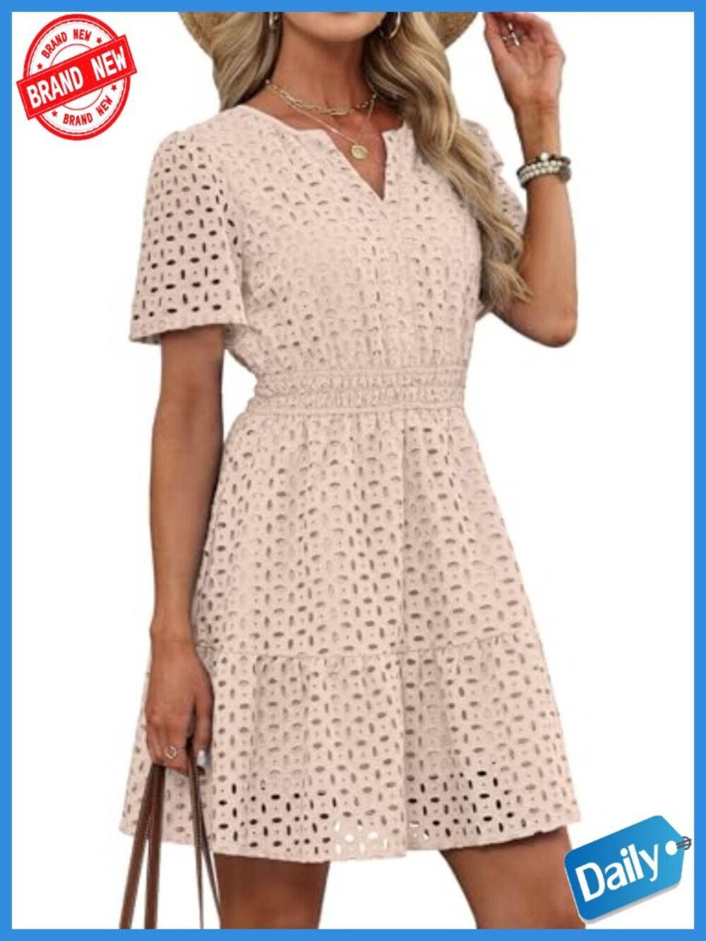 V Neck Eyelet Lace A Line Mini Dress, Short Puff Sleeves, Elastic Waist